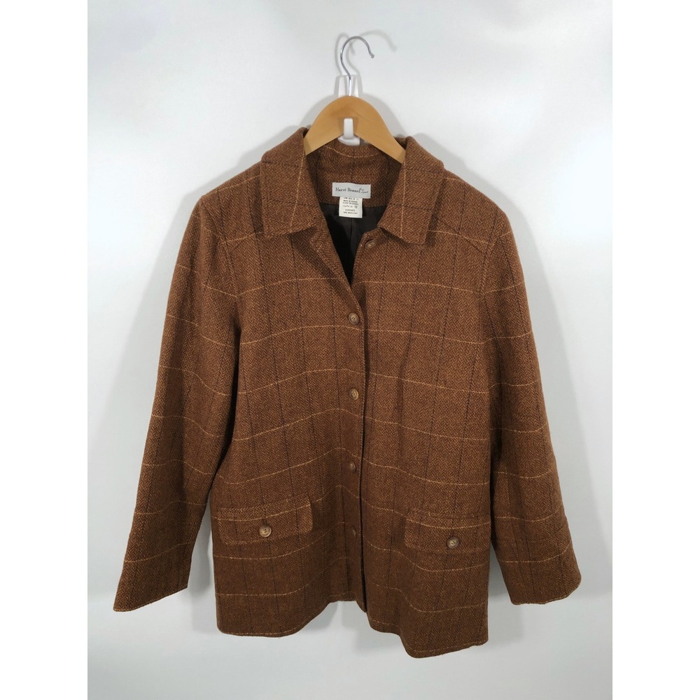 VTG 100% Wool Coat Womens 12 Brown Plaid Dark Light Academia Old Money Preppy